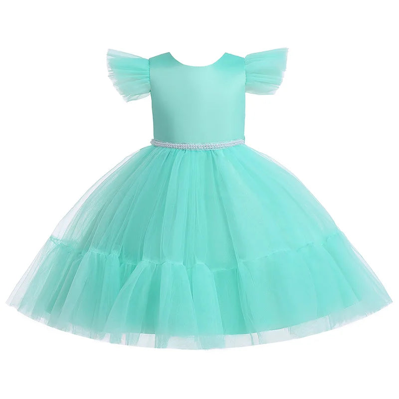 Pink Kid Girl Wedding Dress Baby Pageant Girl Party Princess Birthday Dress Children Clothes Bow Lace Gown Elegant Vestidos