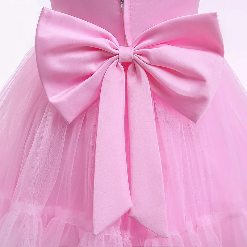 Pink Kid Girl Wedding Dress Baby Pageant Girl Party Princess Birthday Dress Children Clothes Bow Lace Gown Elegant Vestidos