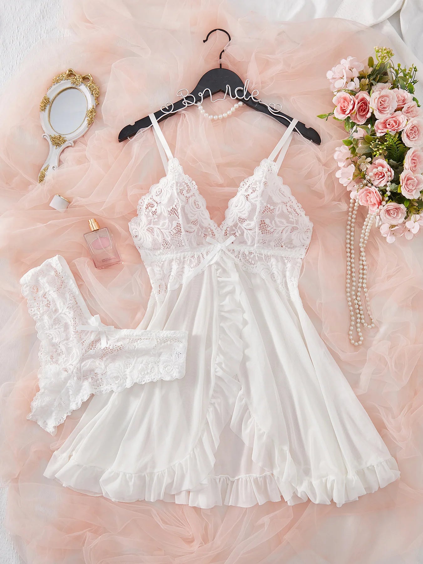 2-pcs sexy pink lace pajama set transparent split nightgown dress with underwear thin thong elegant women's pajamas