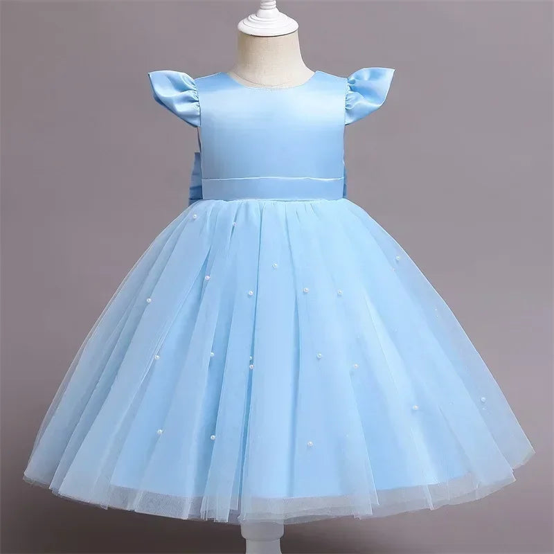 Pink Flower Girl Dresses Cute Bow Short Sleeve Princess Dresses for Formal Wedding Kid Birthday Party Banquet Elegant Girls Gown