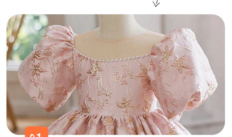 Pink Girls Princess Dress for Birthdays Weddings Flower Girl Gown Party Performance Outfit Festive Tutu Eid Celebration Clothes
