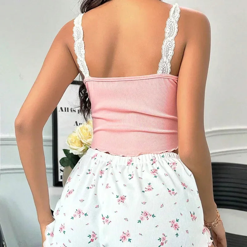 Pink Lace Patchwork V-Neck Pajama Set for Women Sleepwear Sexy Nighties Cami Top Printed Shorts Soft Pyjamas Loungewear