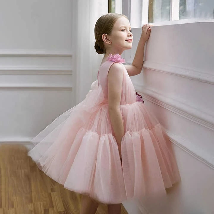 Princess Pink Off Shoulder Flower Girl Dress New Clothes Kids Piano Recital Pageant Gown 3D Floral Wedding Birthday Party Outfit