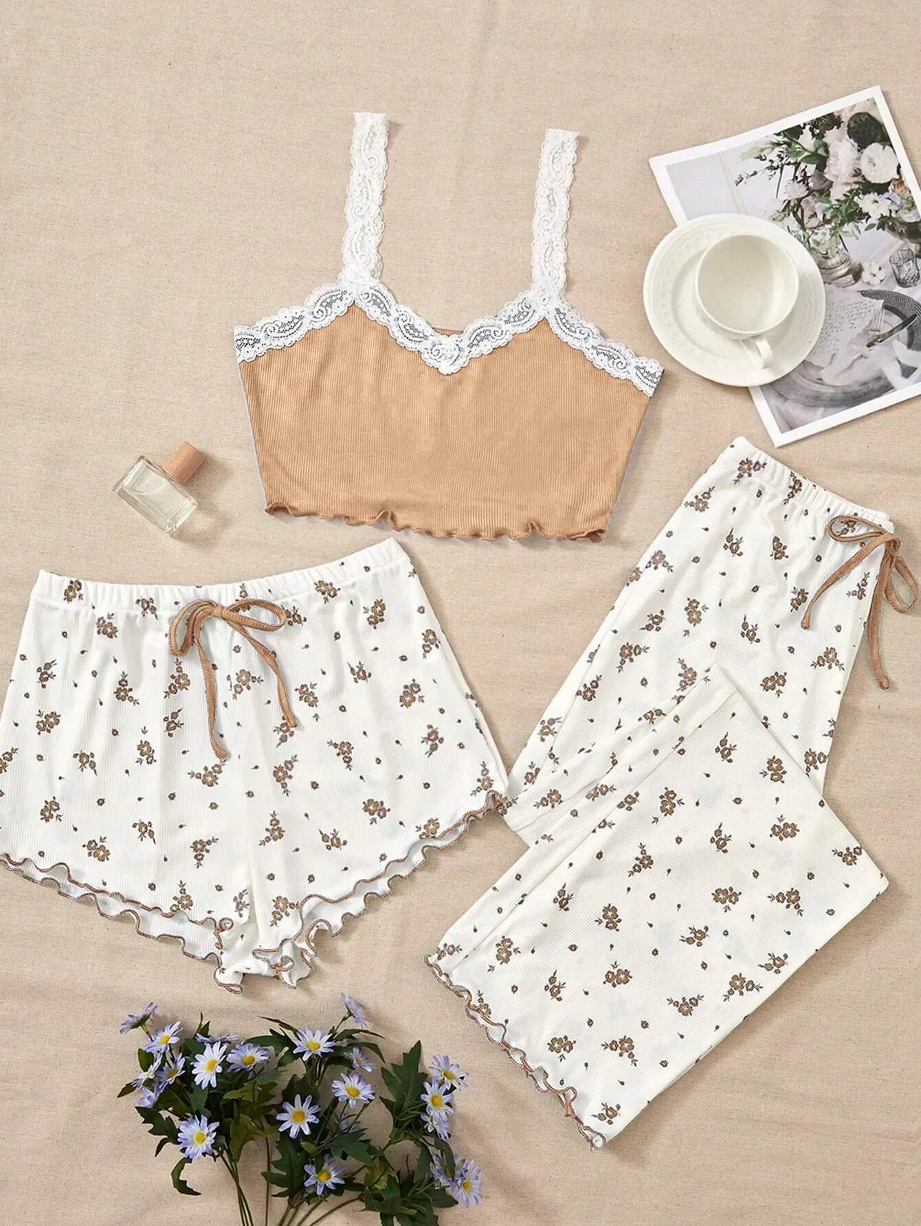 Pink Lace Patchwork V-Neck Pajama Set for Women Sleepwear Sexy Nighties Cami Top Printed Shorts Soft Pyjamas Loungewear