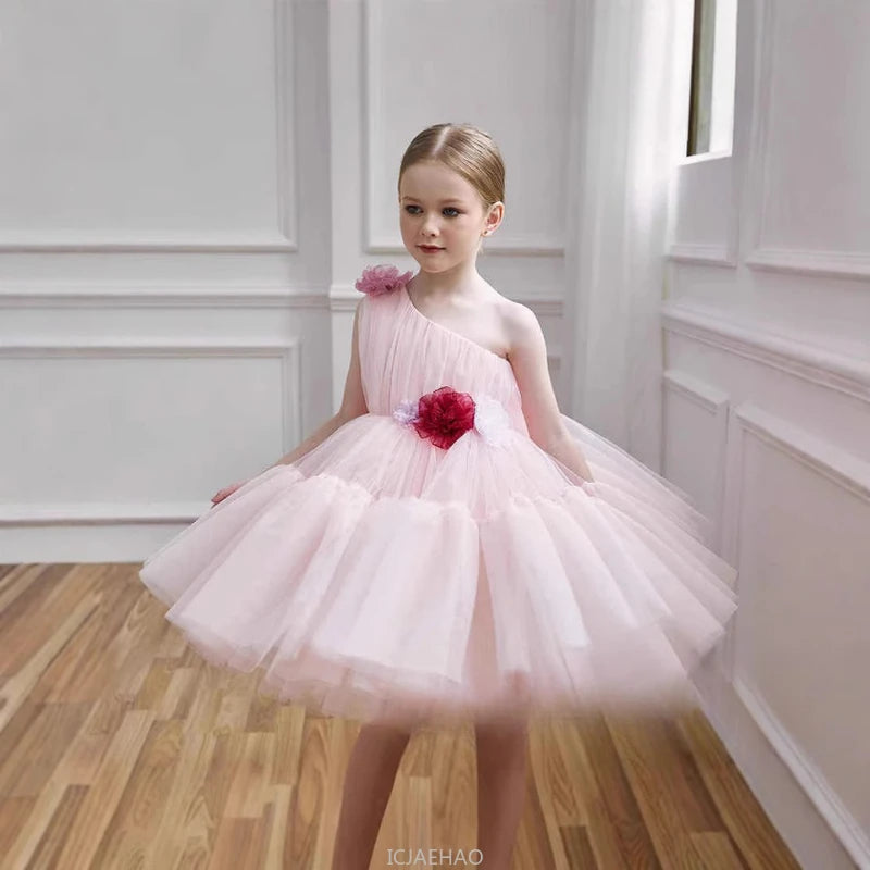 Princess Pink Off Shoulder Flower Girl Dress New Clothes Kids Piano Recital Pageant Gown 3D Floral Wedding Birthday Party Outfit