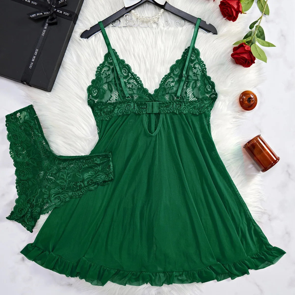 2-pcs sexy pink lace pajama set transparent split nightgown dress with underwear thin thong elegant women's pajamas