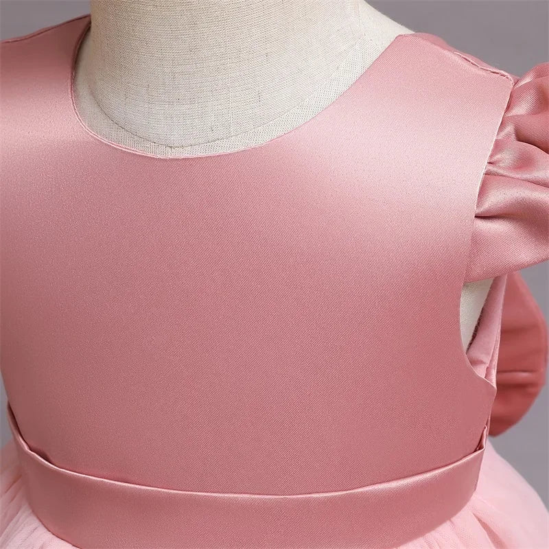 Pink Flower Girl Dresses Cute Bow Short Sleeve Princess Dresses for Formal Wedding Kid Birthday Party Banquet Elegant Girls Gown