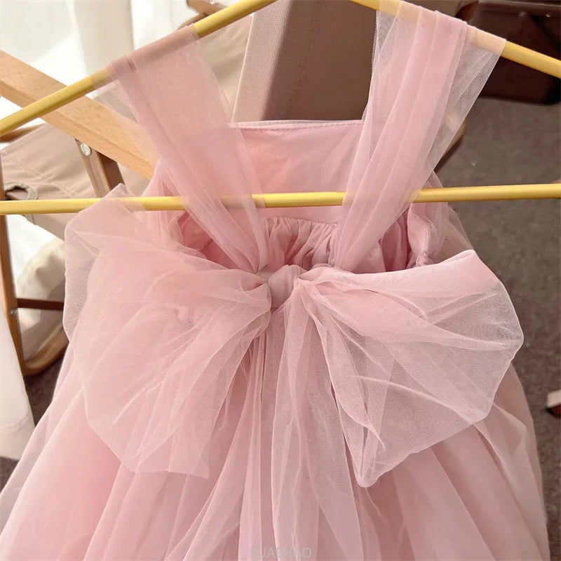 2025 Pink Girls Birthday Princess Dress Children Clothes Costume Bow Tutu Gown Piano Recital Pageant Outfit Kids Party Clothes