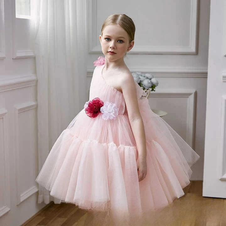 Princess Pink Off Shoulder Flower Girl Dress New Clothes Kids Piano Recital Pageant Gown 3D Floral Wedding Birthday Party Outfit