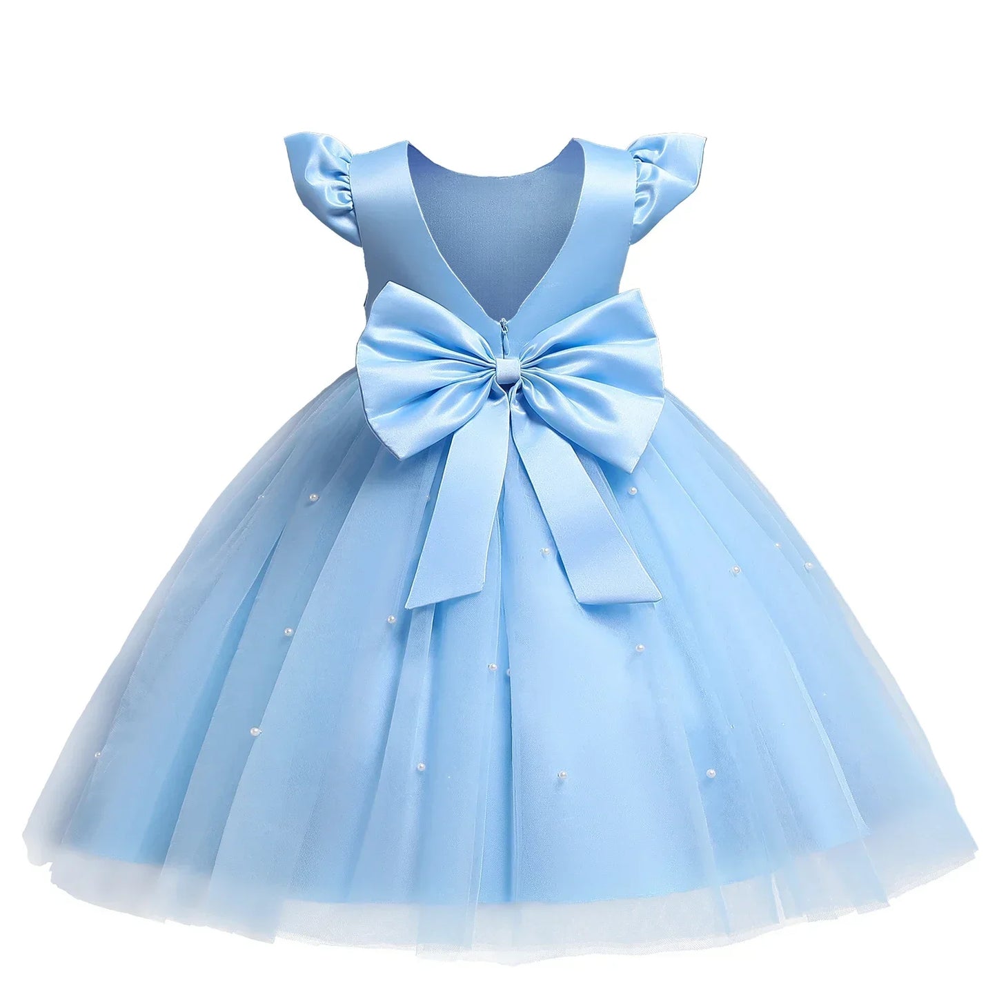 Pink Flower Girl Dresses Cute Bow Short Sleeve Princess Dresses for Formal Wedding Kid Birthday Party Banquet Elegant Girls Gown