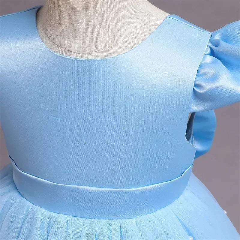 Pink Flower Girl Dresses Cute Bow Short Sleeve Princess Dresses for Formal Wedding Kid Birthday Party Banquet Elegant Girls Gown