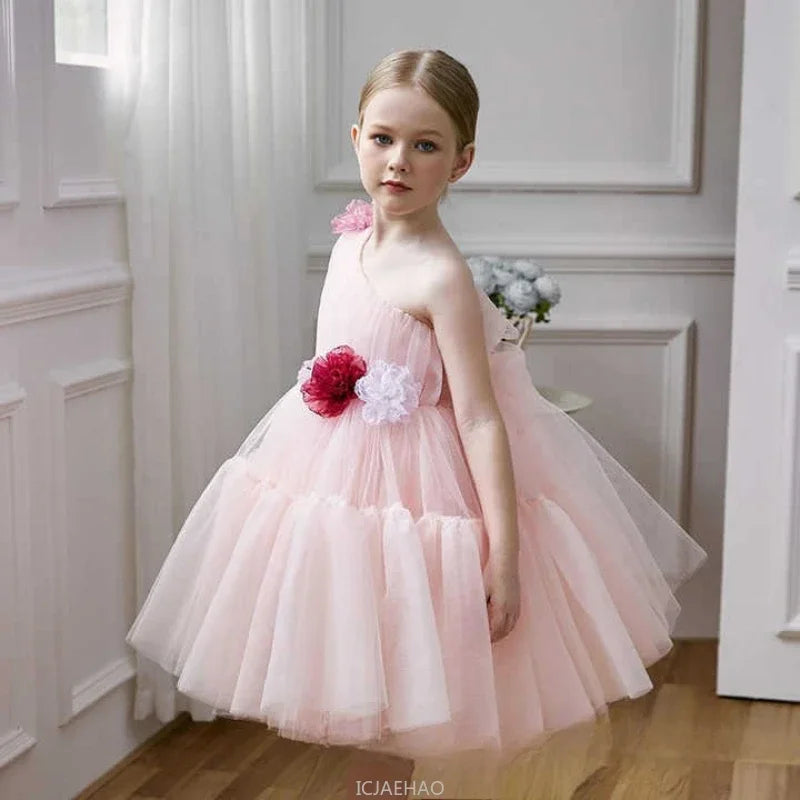 Princess Pink Off Shoulder Flower Girl Dress New Clothes Kids Piano Recital Pageant Gown 3D Floral Wedding Birthday Party Outfit