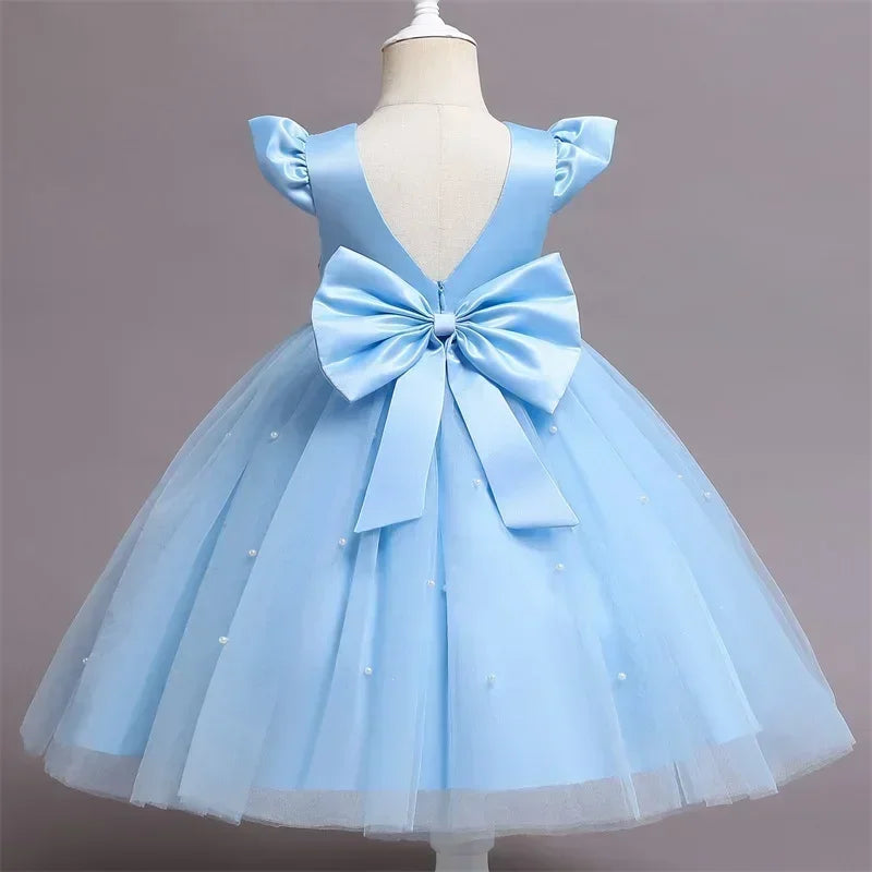 Pink Flower Girl Dresses Cute Bow Short Sleeve Princess Dresses for Formal Wedding Kid Birthday Party Banquet Elegant Girls Gown