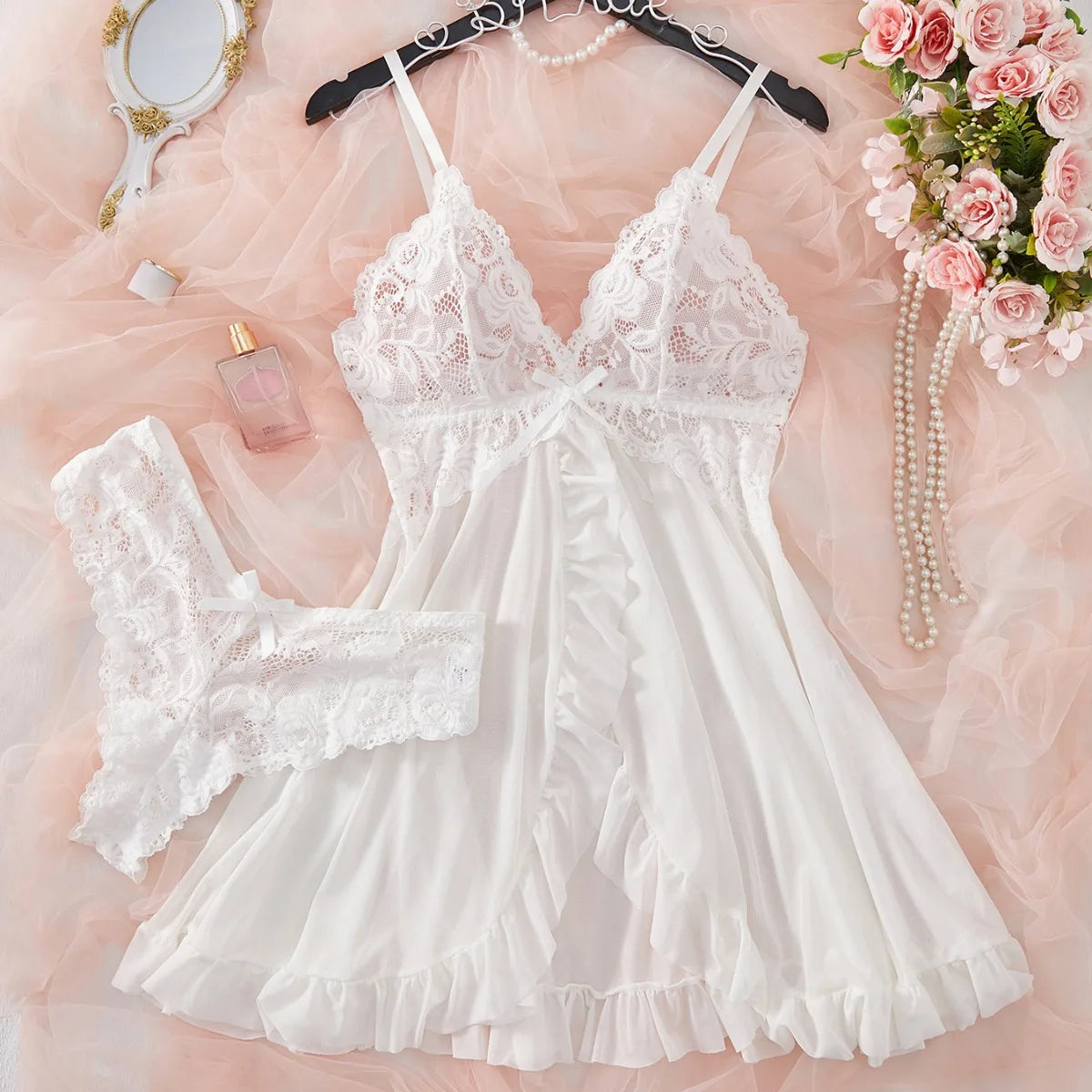 2-pcs sexy pink lace pajama set transparent split nightgown dress with underwear thin thong elegant women's pajamas