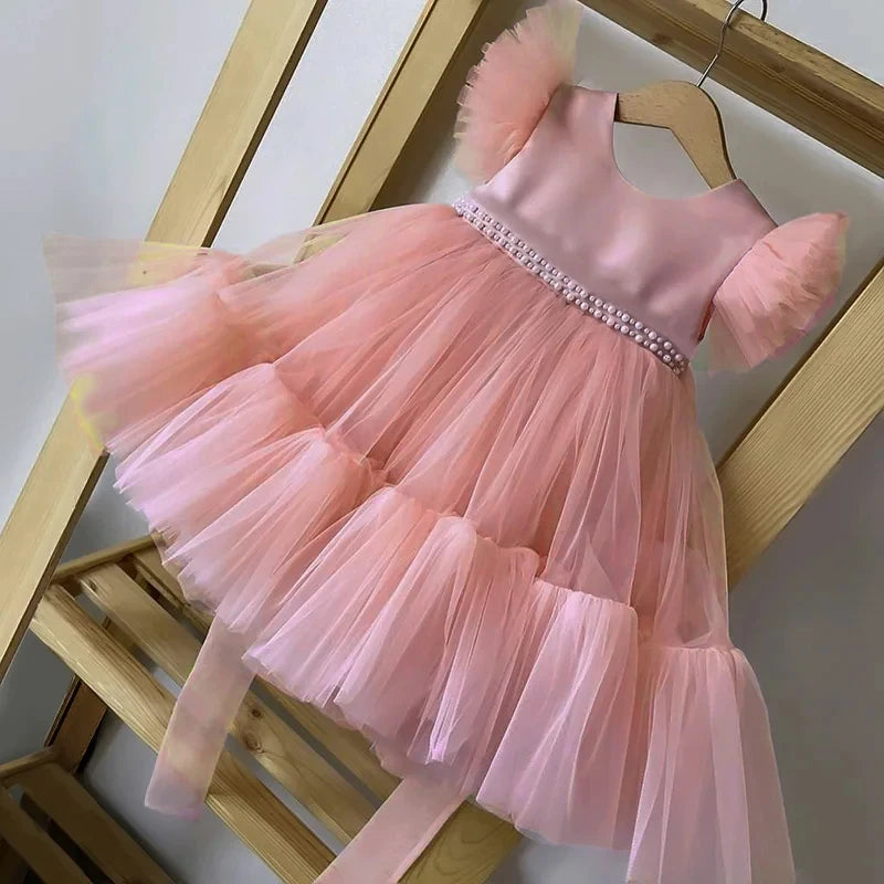Pink Kid Girl Wedding Dress Baby Pageant Girl Party Princess Birthday Dress Children Clothes Bow Lace Gown Elegant Vestidos