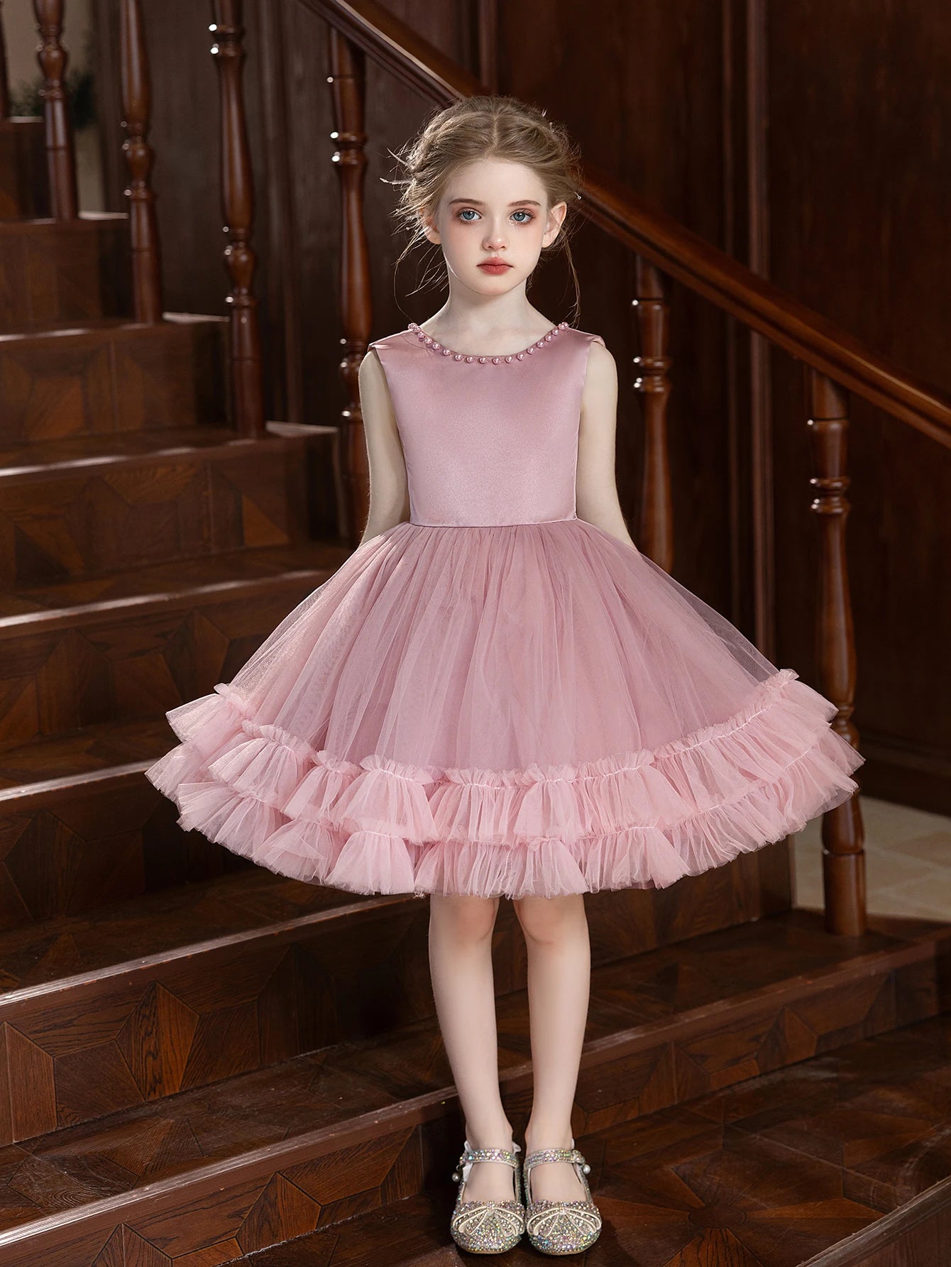 Pink Cake-themed Dress for Girls Featuring a Short Skirt with Large Bow Pompon Gauze for Birthday Party