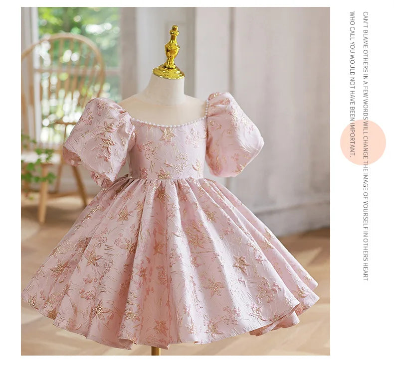 Pink Girls Princess Dress for Birthdays Weddings Flower Girl Gown Party Performance Outfit Festive Tutu Eid Celebration Clothes