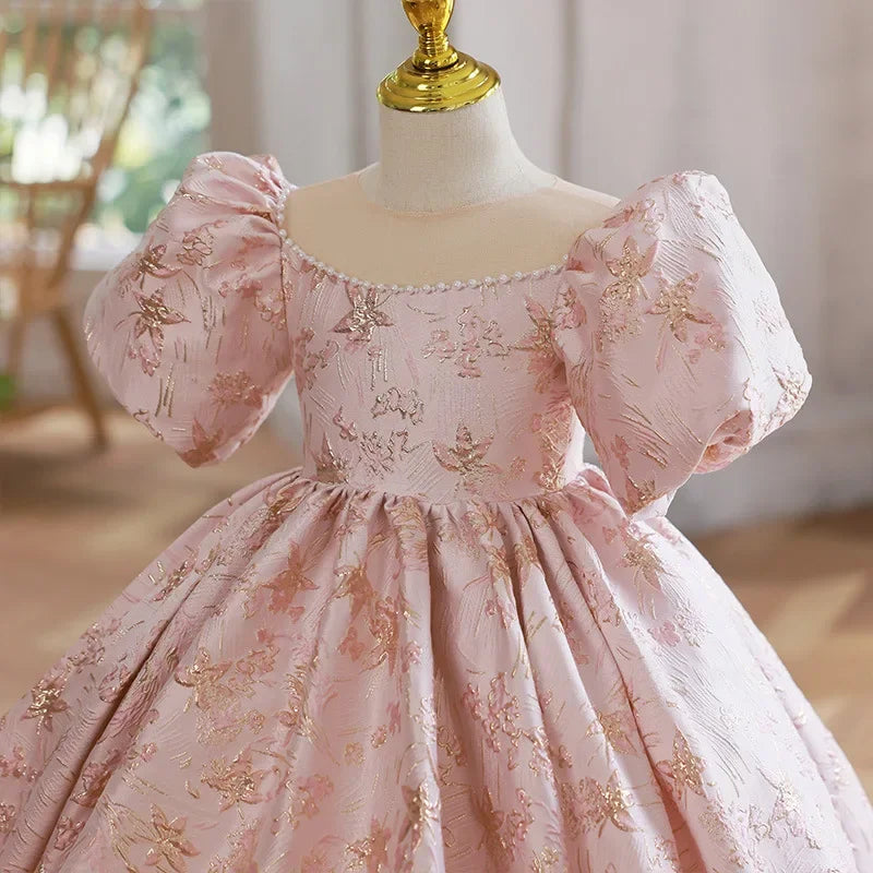 Pink Girls Princess Dress for Birthdays Weddings Flower Girl Gown Party Performance Outfit Festive Tutu Eid Celebration Clothes