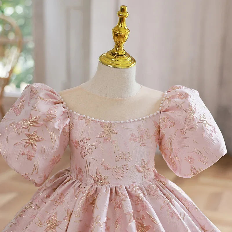 Pink Girls Princess Dress for Birthdays Weddings Flower Girl Gown Party Performance Outfit Festive Tutu Eid Celebration Clothes