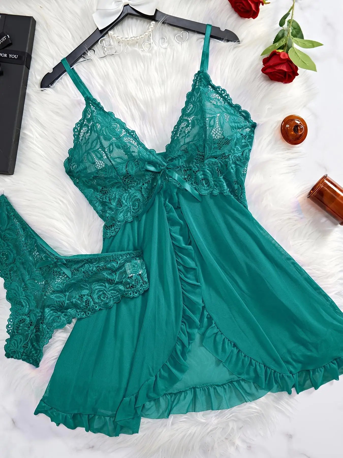 2-pcs sexy pink lace pajama set transparent split nightgown dress with underwear thin thong elegant women's pajamas