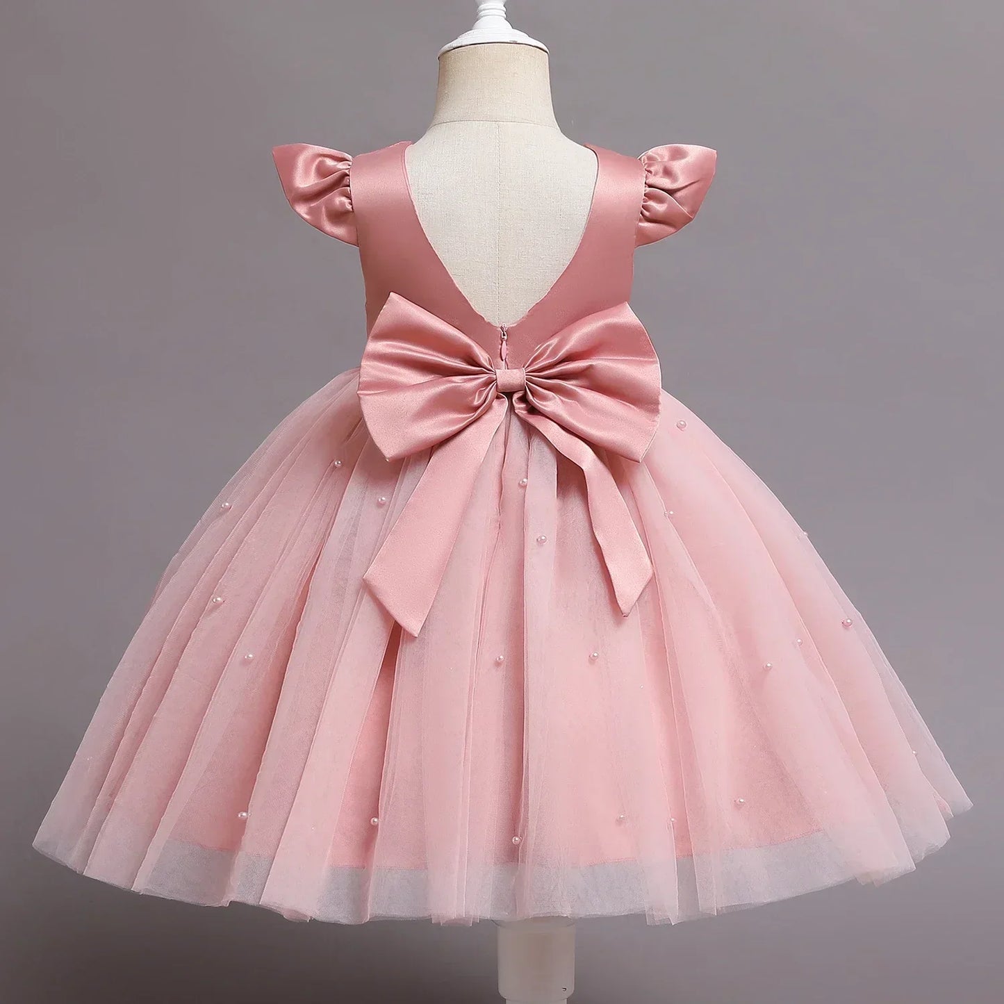 Pink Flower Girl Dresses Cute Bow Short Sleeve Princess Dresses for Formal Wedding Kid Birthday Party Banquet Elegant Girls Gown