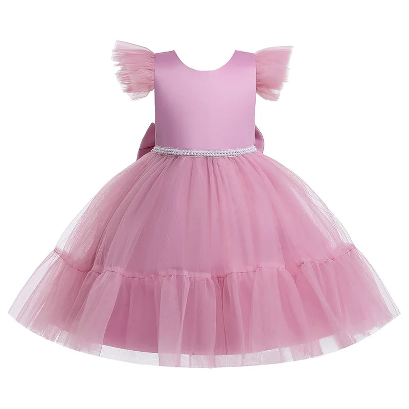 Pink Kid Girl Wedding Dress Baby Pageant Girl Party Princess Birthday Dress Children Clothes Bow Lace Gown Elegant Vestidos