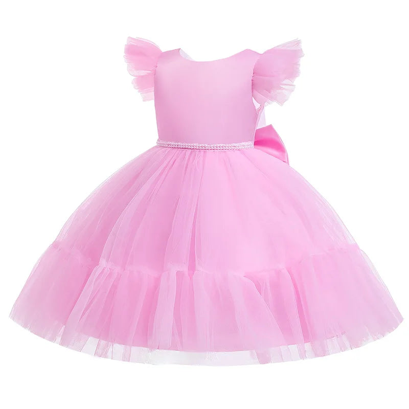 Pink Kid Girl Wedding Dress Baby Pageant Girl Party Princess Birthday Dress Children Clothes Bow Lace Gown Elegant Vestidos