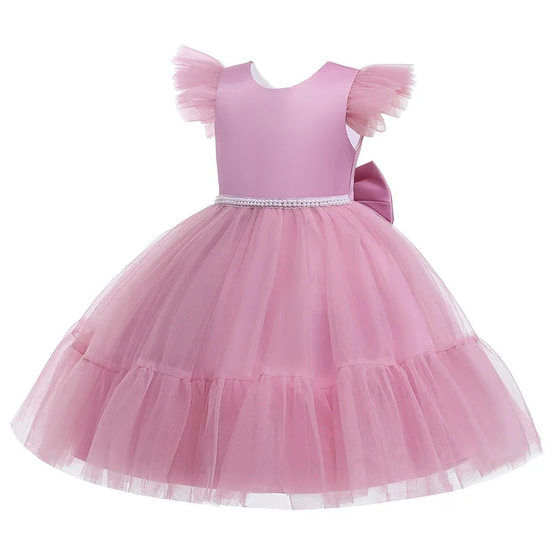 Pink Kid Girl Wedding Dress Baby Pageant Girl Party Princess Birthday Dress Children Clothes Bow Lace Gown Elegant Vestidos
