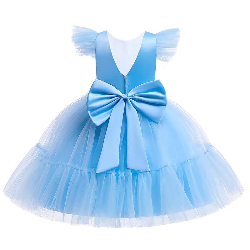 Pink Kid Girl Wedding Dress Baby Pageant Girl Party Princess Birthday Dress Children Clothes Bow Lace Gown Elegant Vestidos