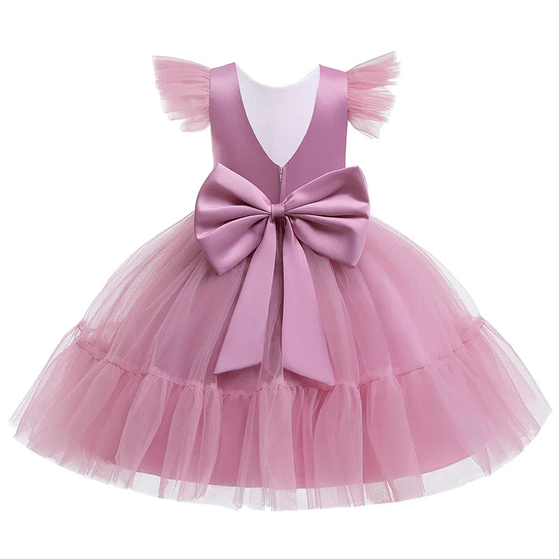 Pink Kid Girl Wedding Dress Baby Pageant Girl Party Princess Birthday Dress Children Clothes Bow Lace Gown Elegant Vestidos