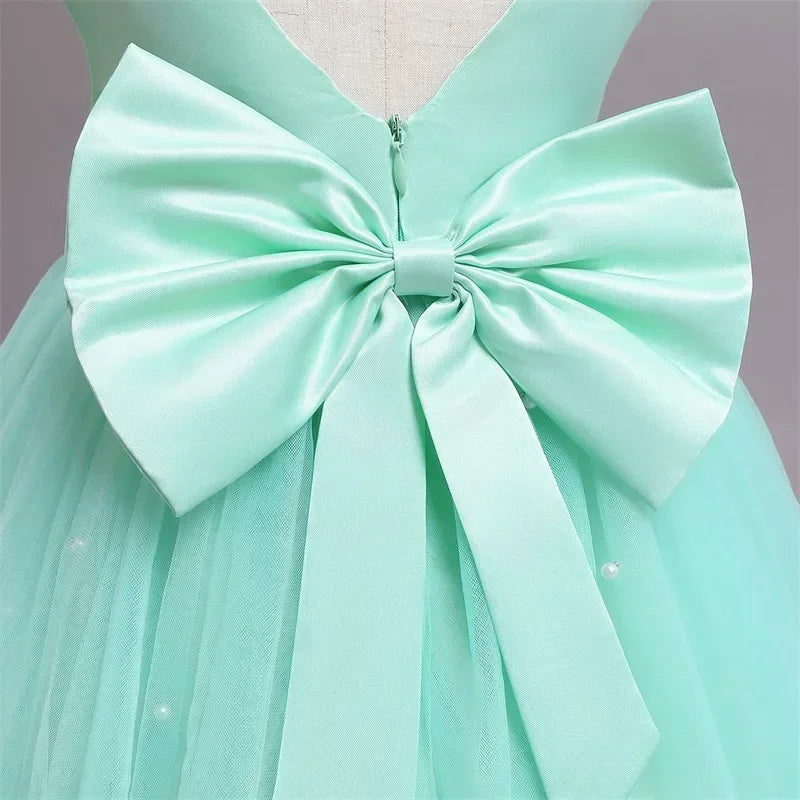 Pink Flower Girl Dresses Cute Bow Short Sleeve Princess Dresses for Formal Wedding Kid Birthday Party Banquet Elegant Girls Gown