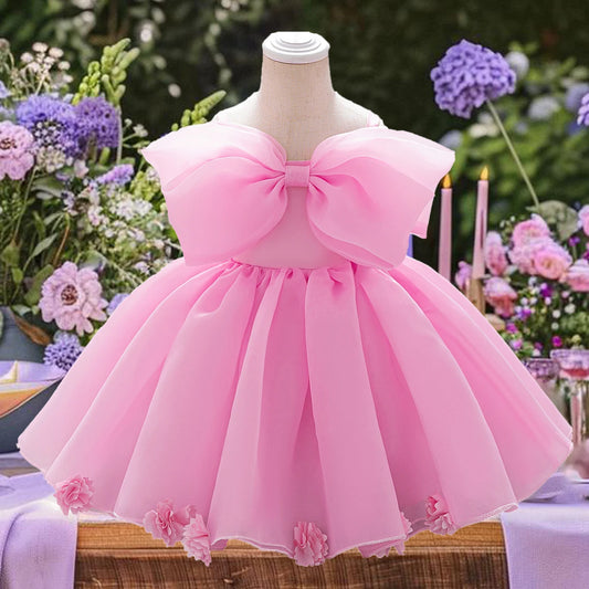 Pink Big Bow Party Baptism Baby Girl Dress Toddler Flower Wedding Bridesmaids Dress for Girls Elegant 1st Birthday Prom Costumes