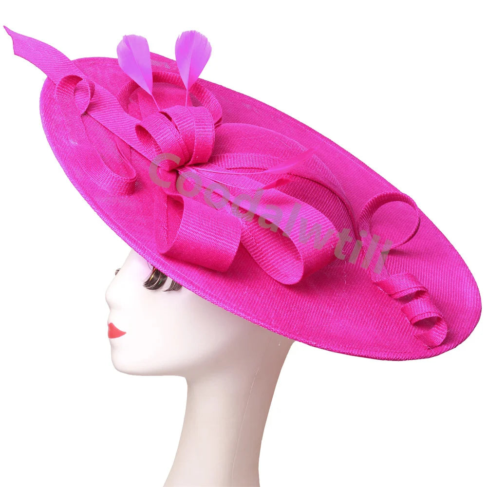 Pink Derby Big Fascinator Hat Headband Bride Large Wedding Headpiece Elegant Women Church Race Millinery Cap Cocktail Chapeau