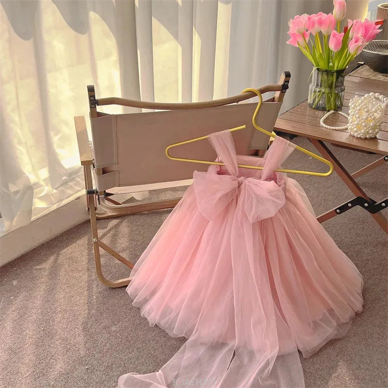 2025 Pink Girls Birthday Princess Dress Children Clothes Costume Bow Tutu Gown Piano Recital Pageant Outfit Kids Party Clothes