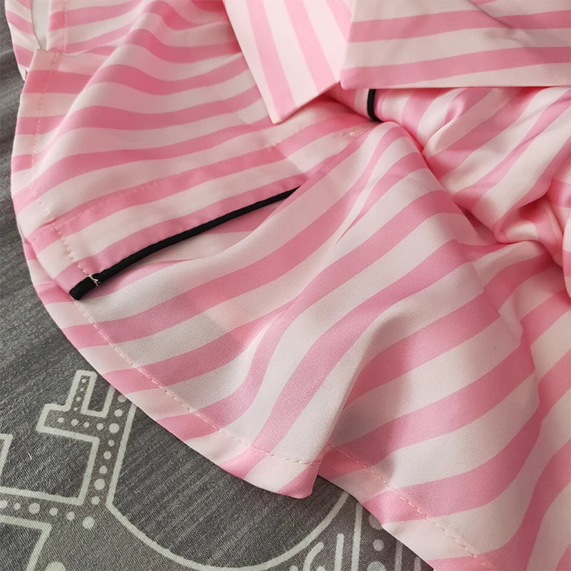 Women's Satin Pink Striped Pajama Set Silk Luxury Long Sleeve Button up Lapel Top with Pants Sleepwear &amp; Loungewear