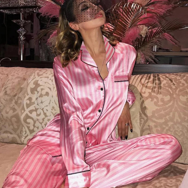 Women's Satin Pink Striped Pajama Set Silk Luxury Long Sleeve Button up Lapel Top with Pants Sleepwear &amp; Loungewear