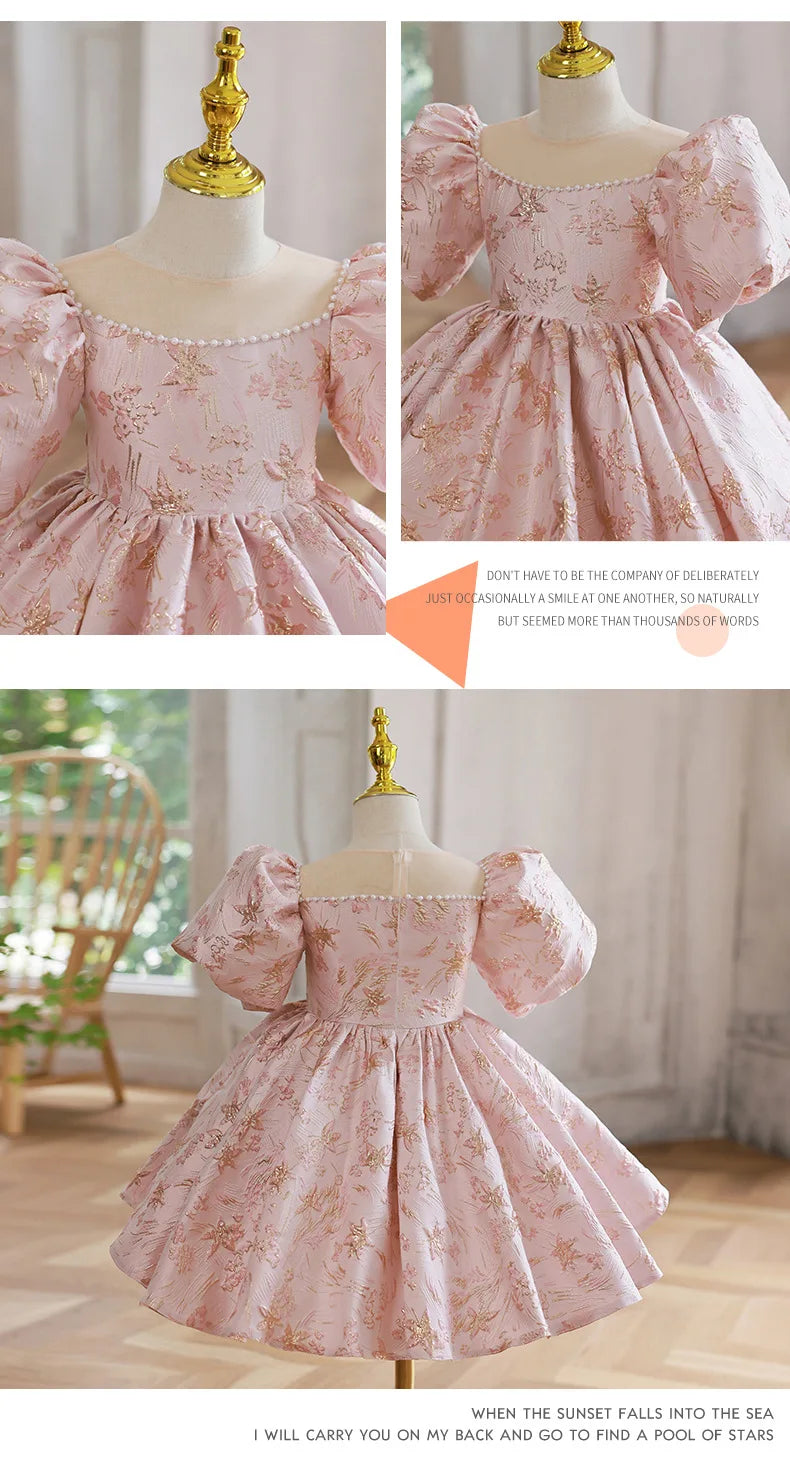 Pink Girls Princess Dress for Birthdays Weddings Flower Girl Gown Party Performance Outfit Festive Tutu Eid Celebration Clothes