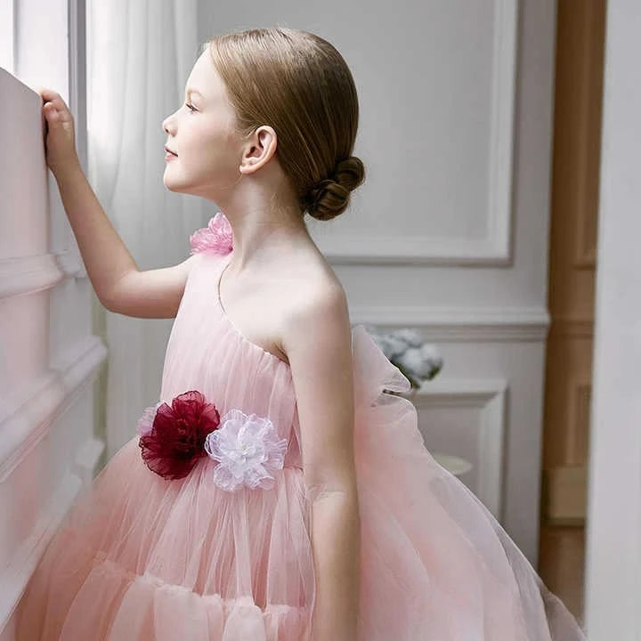 Princess Pink Off Shoulder Flower Girl Dress New Clothes Kids Piano Recital Pageant Gown 3D Floral Wedding Birthday Party Outfit