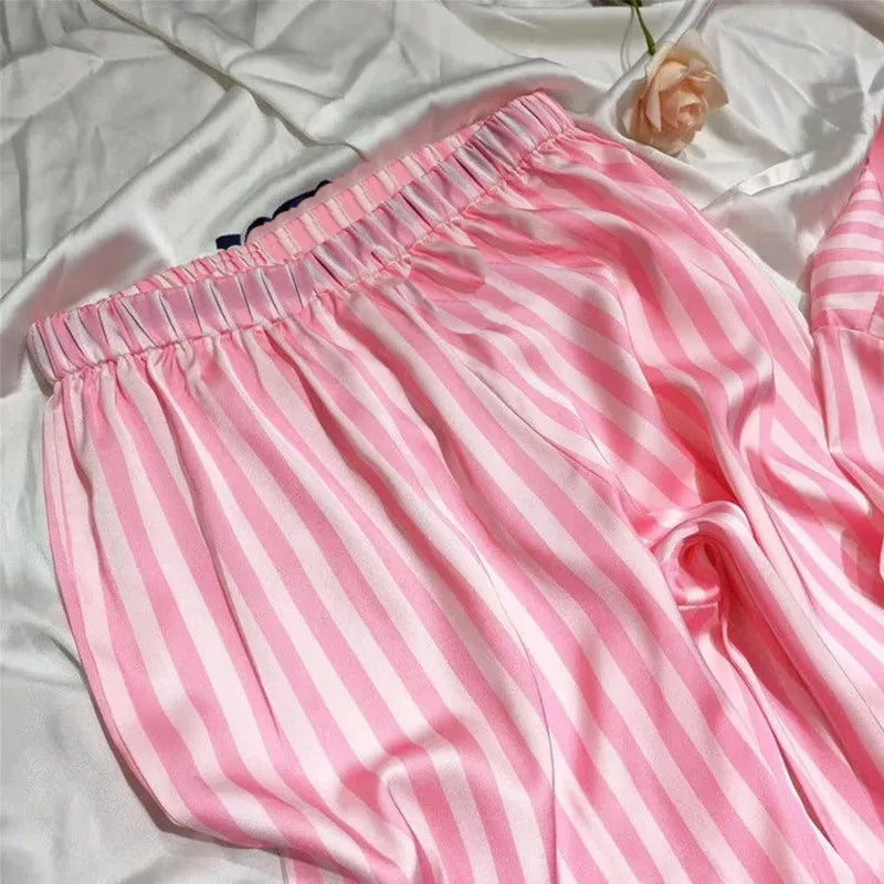 Women's Satin Pink Striped Pajama Set Silk Luxury Long Sleeve Button up Lapel Top with Pants Sleepwear &amp; Loungewear