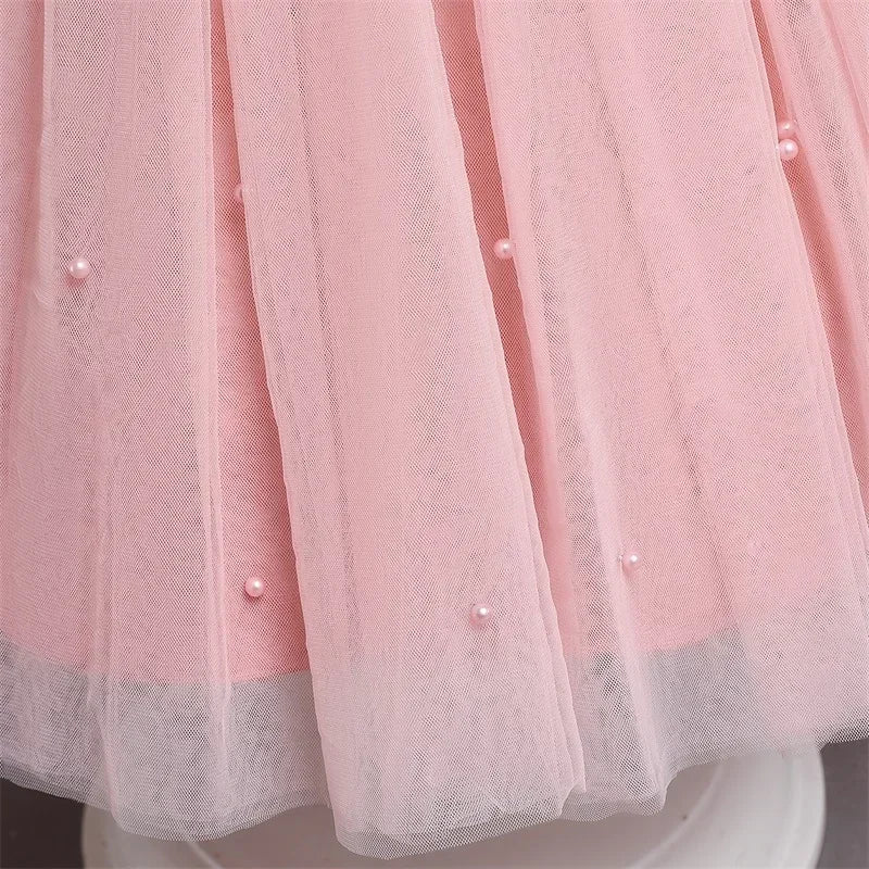Pink Flower Girl Dresses Cute Bow Short Sleeve Princess Dresses for Formal Wedding Kid Birthday Party Banquet Elegant Girls Gown