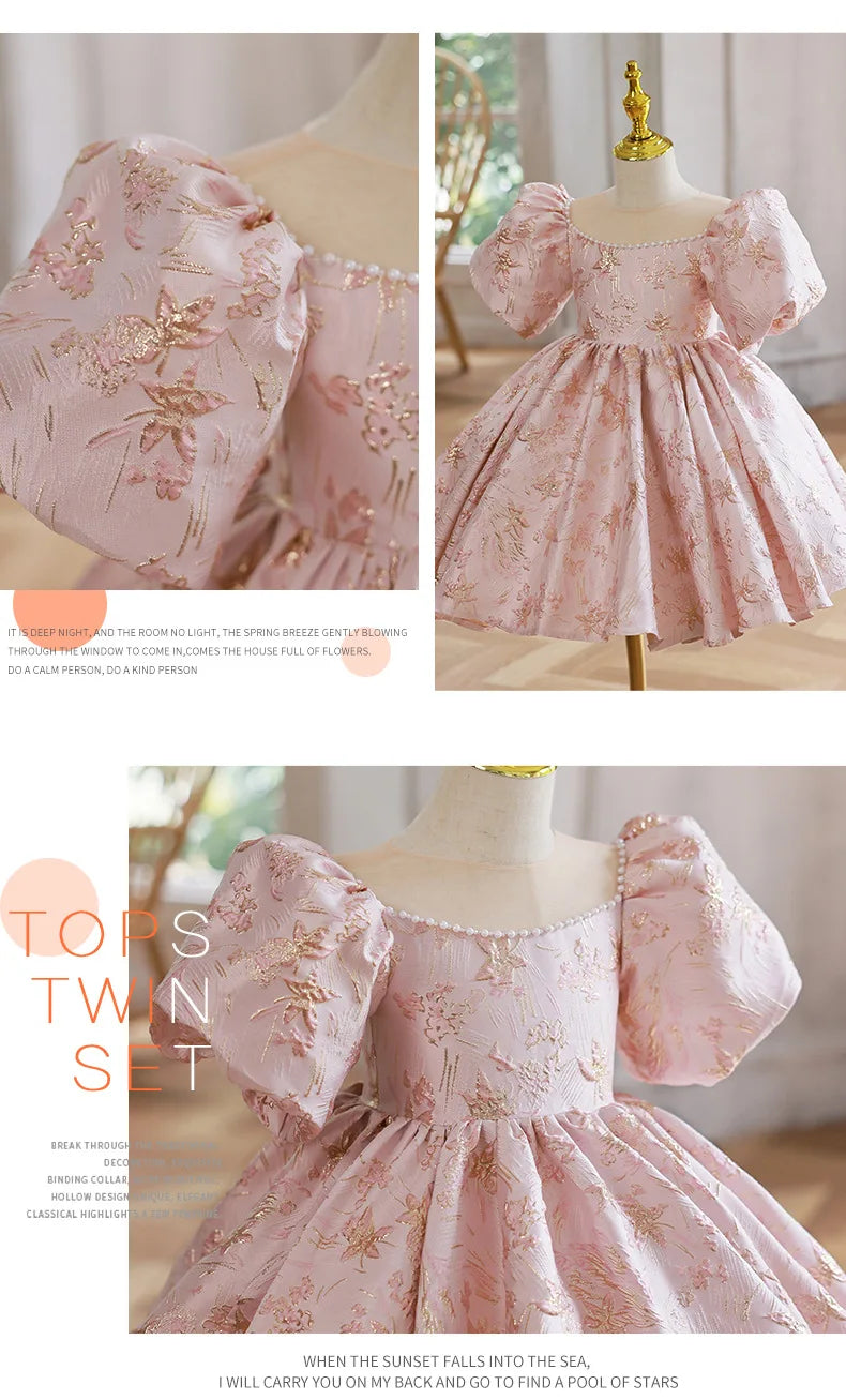 Pink Girls Princess Dress for Birthdays Weddings Flower Girl Gown Party Performance Outfit Festive Tutu Eid Celebration Clothes