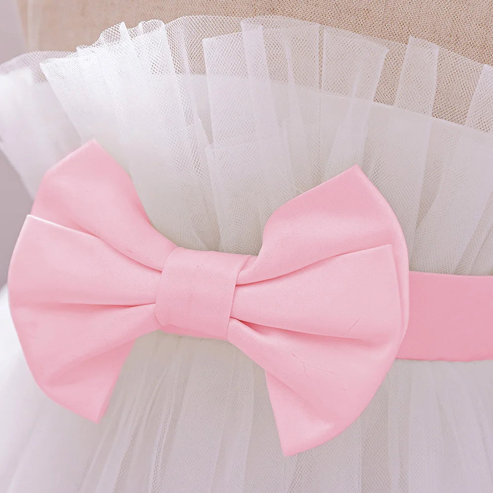 Pink Big Bow Party Baptism Baby Girl Dress Toddler Flower Wedding Bridesmaids Dress for Girls Elegant 1st Birthday Prom Costumes