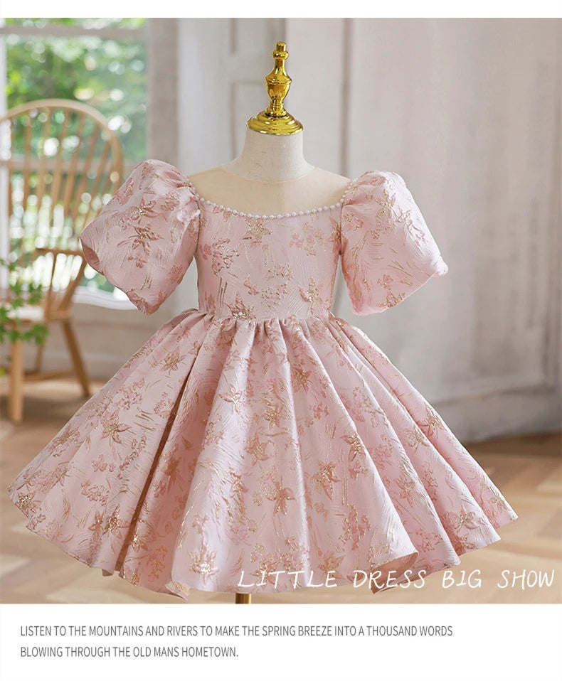 Pink Girls Princess Dress for Birthdays Weddings Flower Girl Gown Party Performance Outfit Festive Tutu Eid Celebration Clothes