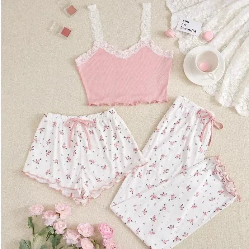 Pink Lace Patchwork V-Neck Pajama Set for Women Sleepwear Sexy Nighties Cami Top Printed Shorts Soft Pyjamas Loungewear