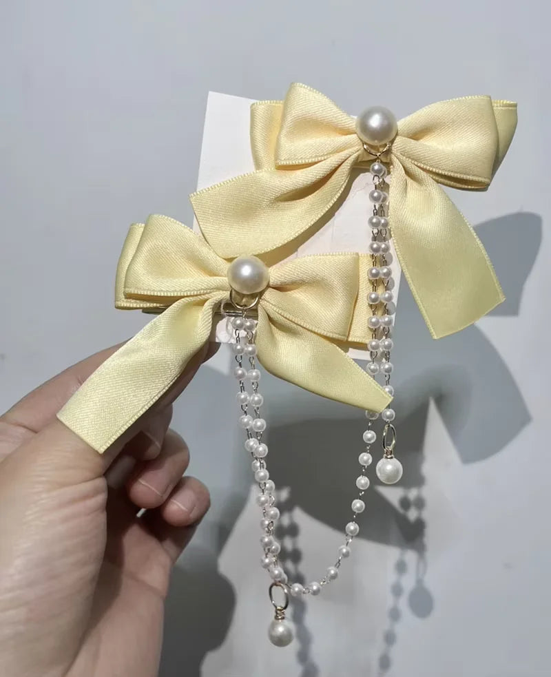 Sweet Princess Style Pink Pearls Chain Bow Hair Clip Women Children's Cute Back Head Hairpins Hair Clips Girls Hair Accessories