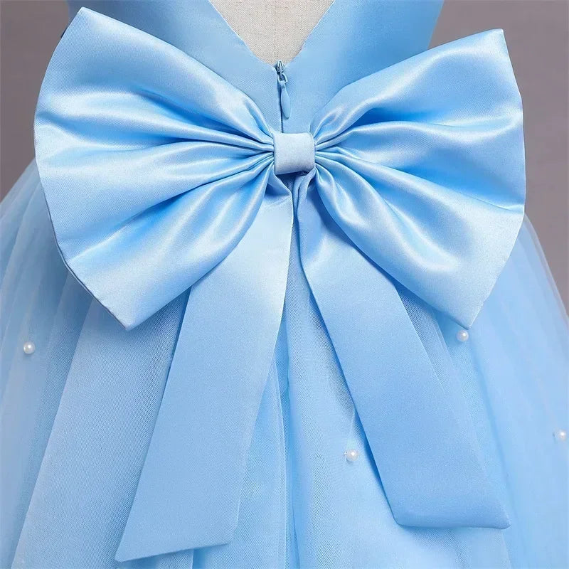 Pink Flower Girl Dresses Cute Bow Short Sleeve Princess Dresses for Formal Wedding Kid Birthday Party Banquet Elegant Girls Gown