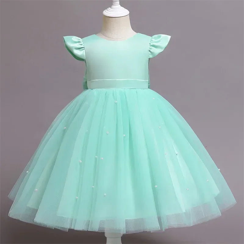 Pink Flower Girl Dresses Cute Bow Short Sleeve Princess Dresses for Formal Wedding Kid Birthday Party Banquet Elegant Girls Gown