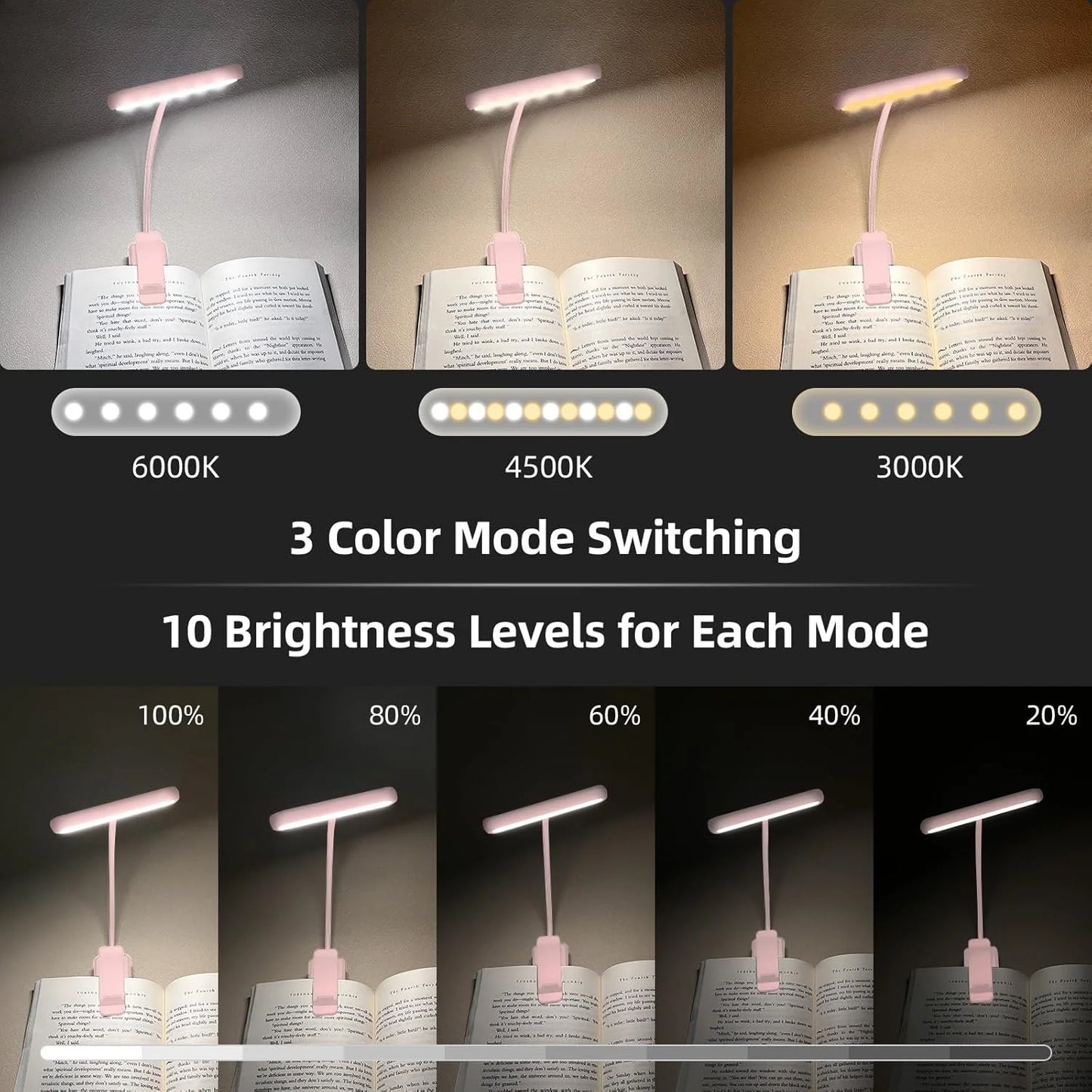 Pink Book Light 3Colors USB Rechargeable Reading Light Warm Cool White Daylight Portable Flexible Easy Clip Night Reading Lamp