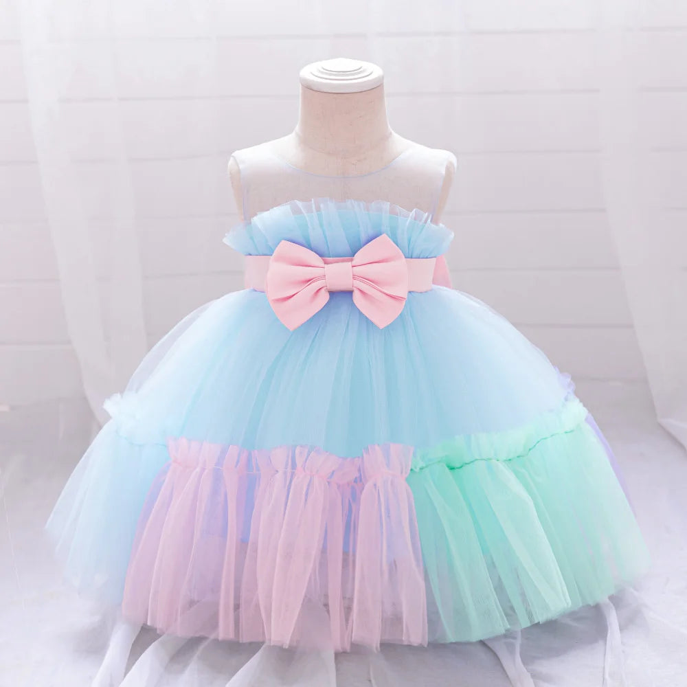 Pink Big Bow Party Baptism Baby Girl Dress Toddler Flower Wedding Bridesmaids Dress for Girls Elegant 1st Birthday Prom Costumes