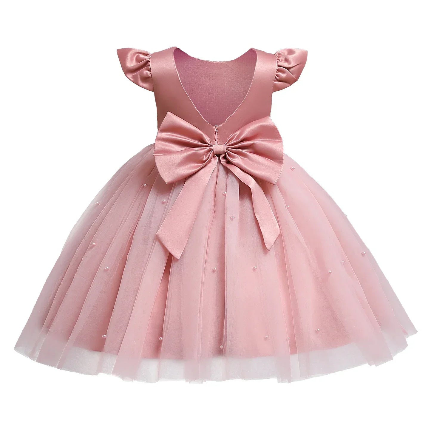 Pink Flower Girl Dresses Cute Bow Short Sleeve Princess Dresses for Formal Wedding Kid Birthday Party Banquet Elegant Girls Gown